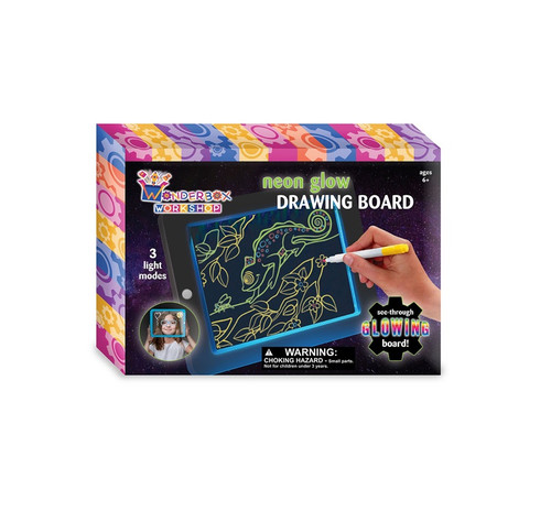 Unleash your child’s creativity with the Neon Glow Drawing Board from Wonderbox Workshop! This exciting activity set is perfect for young artists aged 5 and up.

Features:

Glow-in-the-Dark Fun: Draw on the board with the special marker pens included, then turn it on to watch your creations come to life with a vibrant neon glow!
Multiple Light Modes: Choose from three different light modes, including a sound-activated mode that responds to your voice or music.
Complete Set: Includes 2 double-ended markers and 6 tracing templates to inspire endless creativity.
Battery Operated: Requires 3 x AAA batteries (not included).

Why You’ll Love It:

Educational and Fun: Encourages artistic expression and fine motor skills development.
Perfect Gift: Ideal for birthdays, holidays, or any special occasion.
Portable: Lightweight and easy to carry, making it perfect for travel or on-the-go fun.

Bring home the Neon Glow Drawing Board today and watch your child’s imagination shine!

Ages 6 years+