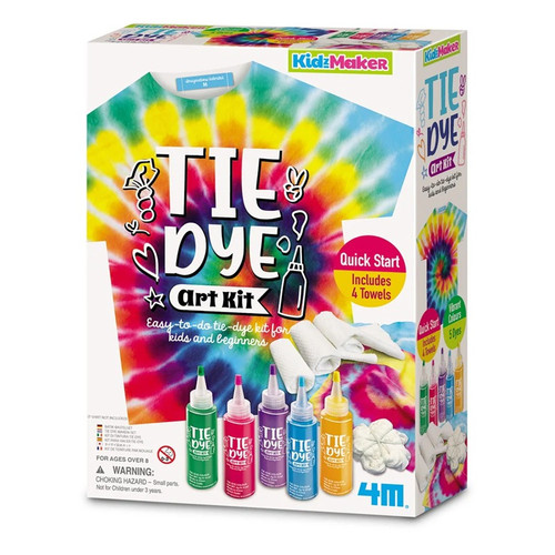 The 4M KidzMaker Tie Dye Art Kit is the perfect hands‑on craft activity for kids who love colour, creativity, and wearable art. 

Designed for beginners and young makers, this easy‑to‑use kit lets children create vibrant tie‑dye designs on t‑shirts, towels, bags, and more.

With five bottles of bright dye, gloves, rubber bands, towels, and a drainage tray included, kids can explore eight different tie‑dye patterns — from spirals and stripes to rainbows and hearts. 

The step‑by‑step instructions make the process simple, fun, and endlessly repeatable.

Perfect for school holidays, birthday parties, creative afternoons, or gifting, this kit encourages artistic expression, fine‑motor skills, and confidence through colourful experimentation.

Why Kids & Parents Love It

Easy, mess‑friendly tie‑dye kit for beginners

Create 8 unique patterns including spirals, stripes, hearts, and rainbows

Includes 5 vibrant dye colours, gloves, towels, drainage tray & rubber bands

Great for decorating t‑shirts, bags, towels, and fabric accessories

Encourages creativity, self‑expression, and hands‑on learning

Suitable for ages 5+

A colourful, confidence‑boosting craft kit that transforms everyday items into personalised works of art.