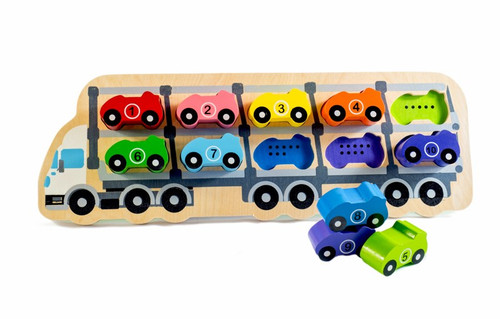 An educational puzzle that encourages the development of colour and number identification and also assists with hand eye-coordination.
Match the number dots to the numbers on the cars or match the car colours to the colour on the truck.
Ages: 18mths+ An educational puzzle that encourages the development of colour and number identification and also assists with hand eye-coordination.
Match the number dots to the numbers on the cars or match the car colours to the colour on the truck.
Ages: 18mths+