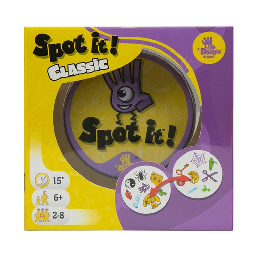 Spot it! Classic
A game of observation and quick reflexes.
In Spot It!, there is always only 1 matching symbol between any 2 cards.
Spot it first and you win!
Includes:
55 cards, 1 rule book with 5 mini-games Spot it! Classic
A game of observation and quick reflexes.
In Spot It!, there is always only 1 matching symbol between any 2 cards.
Spot it first and you win!
Includes:
55 cards, 1 rule book with 5 mini-games