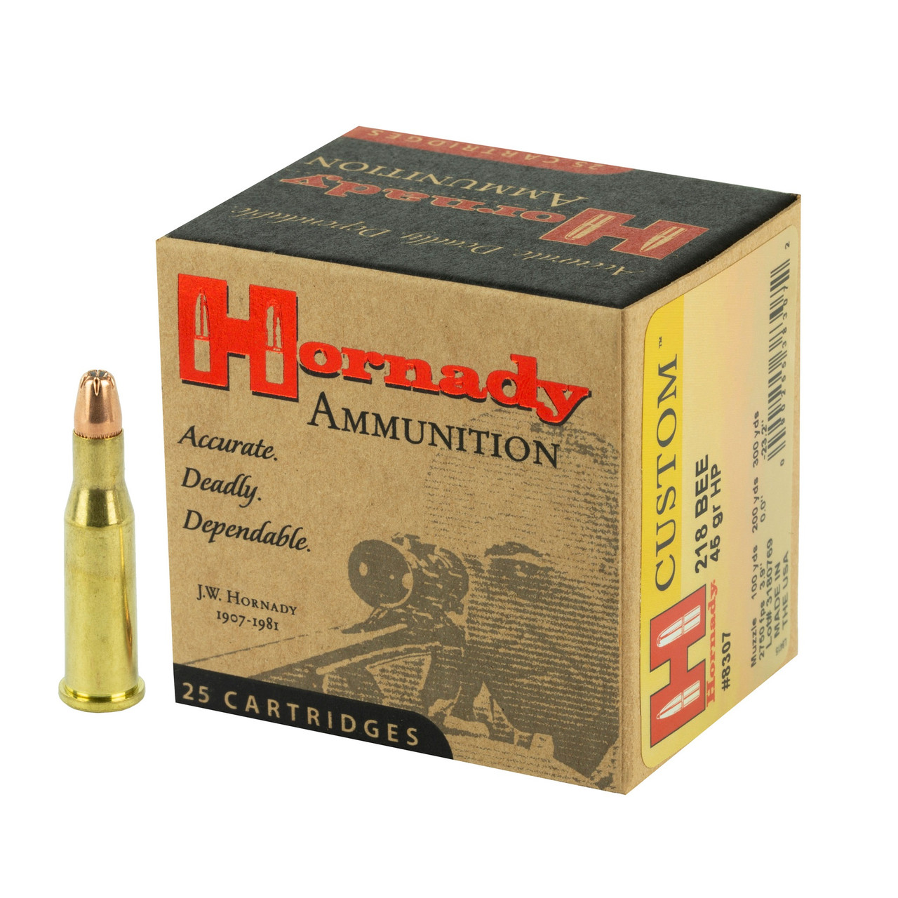 Hornady Custom .218 Bee Ammo 45gr Jacketed Hollow Point 25/Box