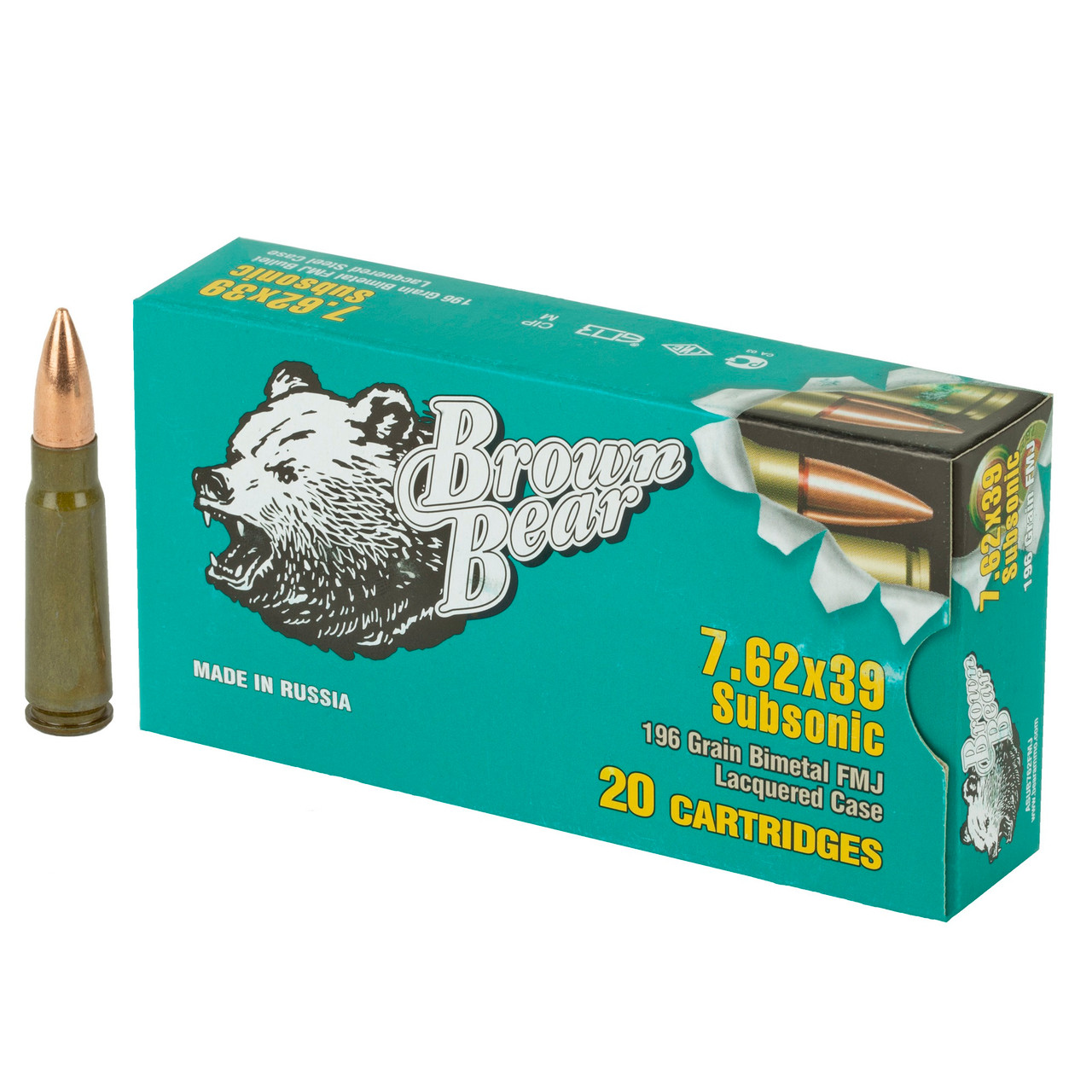 Brown Bear 7.62x39mm Subsonic Ammo 196gr Full Metal Jacket 20/Box
