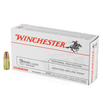 Brand: Winchester Ammo | MPN: USA9JHP2 | Use: Defense | Caliber: 9mm Luger | Grain: 147 | Bullet: Jacketed Hollow Point | MUNITIONS EXPRESS