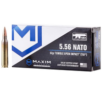 Brand: Maxim Defense Ammo | MPN: MXM-49001 | Use: Home Defense, Hunting | Caliber: 5.56x45mm NATO | Grain: 62 | Bullet: Solid Copper Spun | MUNITIONS EXPRESS