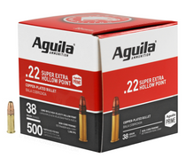Brand: Aguila Ammo | MPN: 1B221118 | Use: Hunting, Target | Caliber: .22 Long Rifle (.22 LR) | Grain: 38 | Bullet: Copper-Plated Lead Hollow Point | MUNITIONS EXPRESS