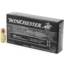 Brand: Winchester Ammo | MPN: SUP45 | Use: Target, Suppressor | Caliber: .45 ACP / .45 AUTO | Grain: 230 | Bullet: Full Metal Jacket | MUNITIONS EXPRESS