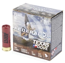 Brand: Federal Ammo | MPN: TXD12H 7.5 | Use: Hunting (Quail, Dove) | Gauge: 12 | Length: 2-3/4” | Shot Size: #7-1/2 | Shot Weight: 1-1/8 oz | MUNITIONS EXPRESS
