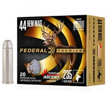 Brand: Federal Premium Ammo | MPN: P44TA1 | Use: Hunting (Deer, Hogs) | Caliber: .44 Magnum | Grain: 235 | Bullet: Bonded Jacketed Hollow Point | MUNITIONS EXPRESS