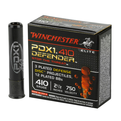 Winchester PDX1 Defender .410 Bore 2-1/2" 3 Plated Defense Disks with 12 Plated 1/4 oz BB Shot 10/Box Winchester PDX1 Defender .410 Bore 2-1/2" 3 Plated Defense Disks with 12 Plated 1/4 oz BB Shot 10/Box
