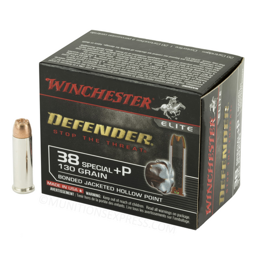 Brand: Winchester Ammo | MPN: S38PDB | Use: Defense | Caliber: .38 Special +P | Grain: 130 | Bullet: Bonded Jacketed Hollow Point | MUNITIONS EXPRESS
