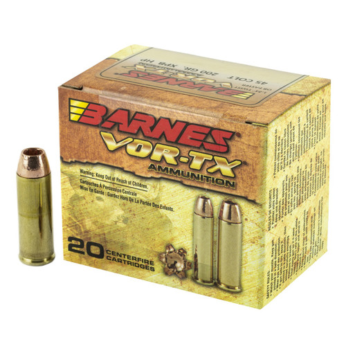 Brand: Barnes Ammo | MPN: 21547 | Use: Defense, Hunting | Caliber: .45 Colt (.45 Long Colt) | Grain: 200 | Bullet: Solid Copper Hollow Point | MUNITIONS EXPRESS