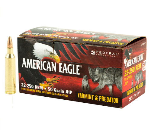 Brand: Federal Ammo | MPN: AE2225050V | Use: Hunting (Coyotes, Prairie) | Caliber: .22-250 Remington | Grain: 50 | Bullet: Jacketed Hollow Point | MUNITIONS EXPRESS Brand: Federal Ammo | MPN: AE2225050V | Use: Hunting (Coyotes, Prairie) | Caliber: .22-250 Remington | Grain: 50 | Bullet: Jacketed Hollow Point | MUNITIONS EXPRESS