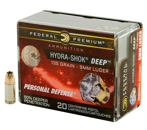 Federal Premium Personal Defense 9mm Luger 135gr Hydra-Shok Deep Jacketed Hollow Point 20/Box Federal Premium Personal Defense 9mm Luger 135gr Hydra-Shok Deep Jacketed Hollow Point 20/Box