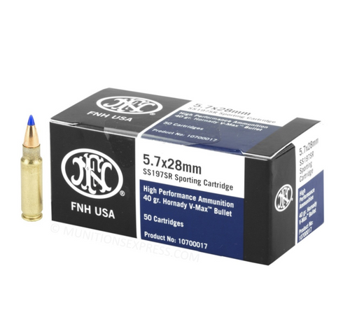 Brand: FN Ammo | MPN: 10700017 | Use: Hunting (Coyotes, Foxes) | Caliber: 5.7x28mm | Grain: 40 | Bullet: Polymer Tip | MUNITIONS EXPRESS Brand: FN Ammo | MPN: 10700017 | Use: Hunting (Coyotes, Foxes) | Caliber: 5.7x28mm | Grain: 40 | Bullet: Polymer Tip | MUNITIONS EXPRESS