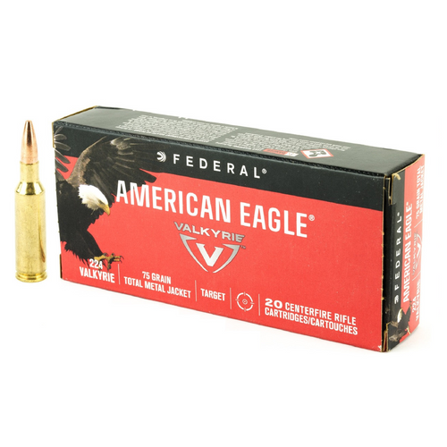 Brand: Federal American Eagle Ammo | MPN: AE224VLK1 | Use: Target | Caliber: .224 Valkyrie | Grain: 75 | Bullet: Total Metal Jacket | MUNITIONS EXPRESS Brand: Federal American Eagle Ammo | MPN: AE224VLK1 | Use: Target | Caliber: .224 Valkyrie | Grain: 75 | Bullet: Total Metal Jacket | MUNITIONS EXPRESS