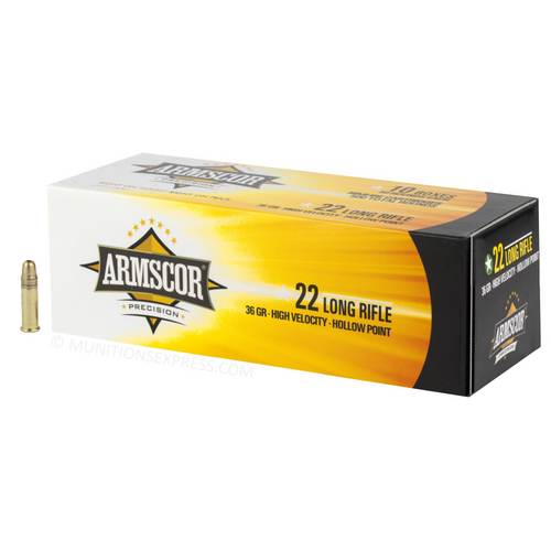 Brand: Armscor Ammo | MPN: 50015PH | Use: Hunting (Squirrels, Rabbits) | Caliber: .22 LR | Grain: 36 | Bullet: Hollow Point | MUNITIONS EXPRESS Brand: Armscor Ammo | MPN: 50015PH | Use: Hunting (Squirrels, Rabbits) | Caliber: .22 LR | Grain: 36 | Bullet: Hollow Point | MUNITIONS EXPRESS