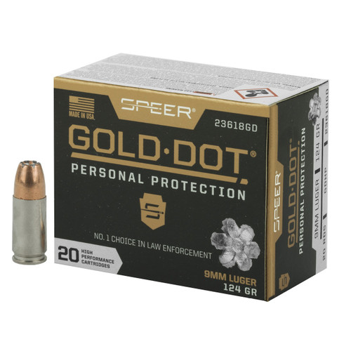 Brand: Speer Ammo | MPN: 23618GD | Use: Defense | Caliber: 9mm Luger | Grain: 124 | Bullet: Jacketed Hollow Point | MUNITIONS EXPRESS Brand: Speer Ammo | MPN: 23618GD | Use: Defense | Caliber: 9mm Luger | Grain: 124 | Bullet: Jacketed Hollow Point | MUNITIONS EXPRESS