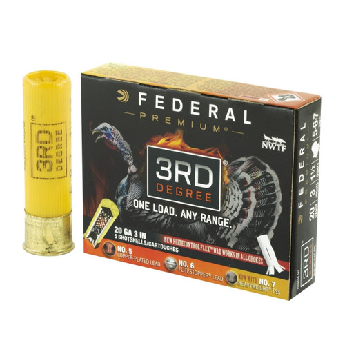 Federal Premium 3rd Degree Turkey 20ga 3" 1-7/16 oz #5, #6, and #7 Multi Shot FLITECONTROL Wad 5/Box Federal Premium 3rd Degree Turkey 20ga 3" 1-7/16 oz #5, #6, and #7 Multi Shot FLITECONTROL Wad 5/Box