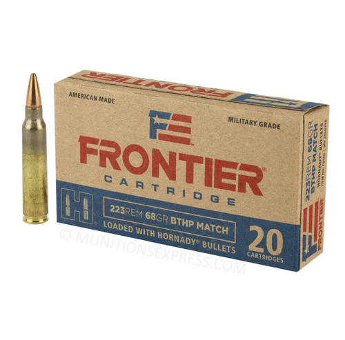 Brand: Frontier Ammo | MPN: FR-160 | Use: Target, Defense, Hunting | Caliber: .223 Remington | Grain: 68 | Bullet: Jacketed Hollow Point | MUNITIONS EXPRESS