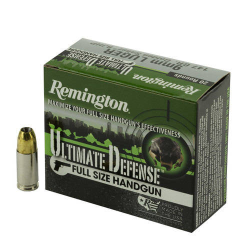 Remington Ultimate Defense Full Size Handgun 9mm Luger 147gr Brass Jacketed Hollow Point 20/Box Remington Ultimate Defense Full Size Handgun 9mm Luger 147gr Brass Jacketed Hollow Point 20/Box