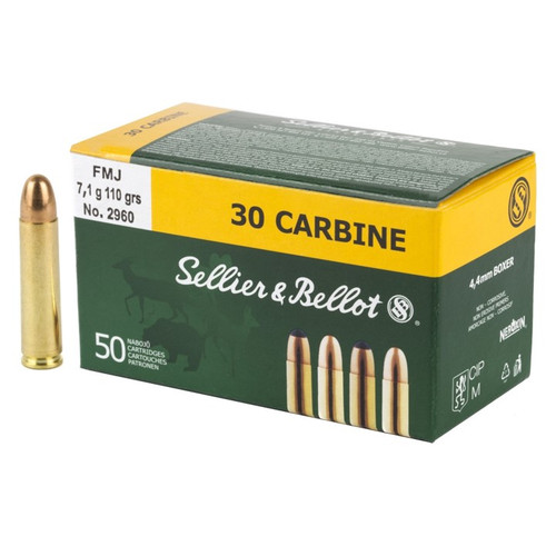 Brand: Sellier & Bellot Ammo | MPN: SB30A | Use: Target | Caliber: .30 Carbine | Grain: 110 | Bullet: Full Metal Jacket | MUNITIONS EXPRESS Brand: Sellier & Bellot Ammo | MPN: SB30A | Use: Target | Caliber: .30 Carbine | Grain: 110 | Bullet: Full Metal Jacket | MUNITIONS EXPRESS