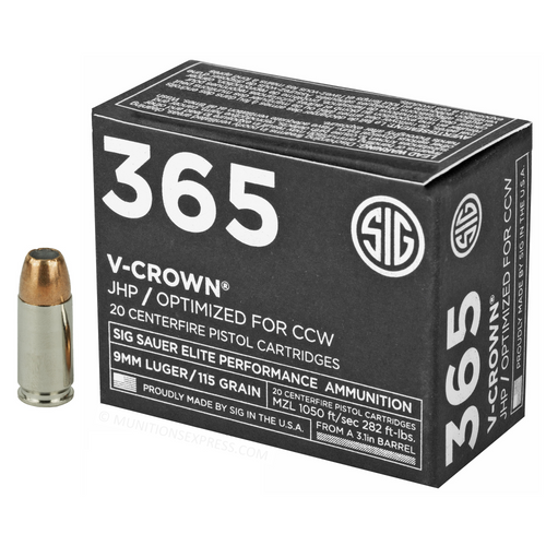 Brand: Sig Sauer Ammo | MPN: E9MMA1-365-20 | Use: Defense | Caliber: 9mm Luger | Grain: 115 | Bullet: Jacketed Hollow Point | MUNITIONS EXPRESS