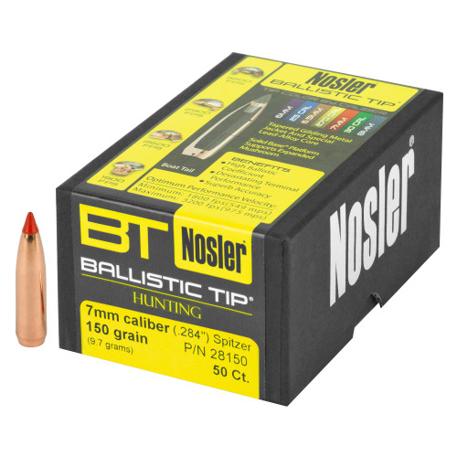 Brand: Nosler Bullets | MPN: 28150 | Use: Hunting (Deer) | Caliber: 7mm (.284 Diameter) | Grain: 150 | Bullet: Polymer Tip Spitzer Boat Tail | MUNITIONS EXPRESS Brand: Nosler Bullets | MPN: 28150 | Use: Hunting (Deer) | Caliber: 7mm (.284 Diameter) | Grain: 150 | Bullet: Polymer Tip Spitzer Boat Tail | MUNITIONS EXPRESS