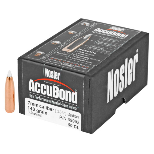 Brand: Nosler Bullets | MPN: 59992 | Use: Hunting (Deer) | Caliber: 7mm (.284 Diameter) | Grain: 140 | Bullet: Bonded Polymer Tip Boat Tail | MUNITIONS EXPRESS Brand: Nosler Bullets | MPN: 59992 | Use: Hunting (Deer) | Caliber: 7mm (.284 Diameter) | Grain: 140 | Bullet: Bonded Polymer Tip Boat Tail | MUNITIONS EXPRESS