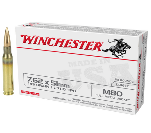 Brand: Winchester Ammo | MPN: WM80 | Use: Target | Caliber: 7.62x51mm NATO | Grain: 149 | Bullet: Full Metal Jacket | MUNITIONS EXPRESS