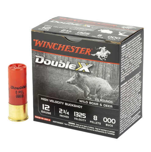 Brand: Winchester Ammo | MPN: X12C000B | Use: Defense, Hunting (Hogs, Deer) | Gauge: 12 | Length: 2-3/4” | Pellet Size: #000 Buckshot | Pellets: 8 | MUNITIONS EXPRESS