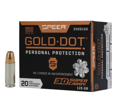 Brand: Speer Ammo | MPN: 24261GD | Use: Defense | Caliber: .30 Super Carry | Grain: 115 | Bullet: Jacketed Hollow Point | MUNITIONS EXPRESS Brand: Speer Ammo | MPN: 24261GD | Use: Defense | Caliber: .30 Super Carry | Grain: 115 | Bullet: Jacketed Hollow Point | MUNITIONS EXPRESS
