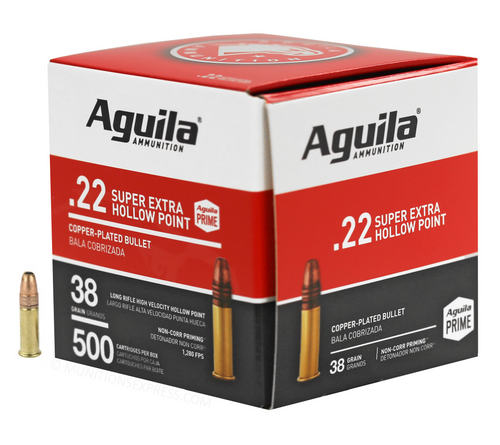 Brand: Aguila Ammo | MPN: 1B221118 | Use: Hunting, Target | Caliber: .22 Long Rifle (.22 LR) | Grain: 38 | Bullet: Copper-Plated Lead Hollow Point | MUNITIONS EXPRESS