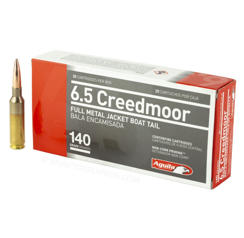 Brand: Aguila Ammo | MPN: 1E650110 | Use: Target | Caliber: 6.5mm Creedmoor | Grain: 140 | Bullet: Full Metal Jacket Boat Tail | MUNITIONS EXPRESS Brand: Aguila Ammo | MPN: 1E650110 | Use: Target | Caliber: 6.5mm Creedmoor | Grain: 140 | Bullet: Full Metal Jacket Boat Tail | MUNITIONS EXPRESS