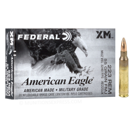 Brand: Federal American Eagle Ammo | MPN: AE223JX | Use: Target | Caliber: .223 Remington | Grain: 55 | Bullet: Full Metal Jacket Boat Tail | MUNITIONS EXPRESS Brand: Federal American Eagle Ammo | MPN: AE223JX | Use: Target | Caliber: .223 Remington | Grain: 55 | Bullet: Full Metal Jacket Boat Tail | MUNITIONS EXPRESS