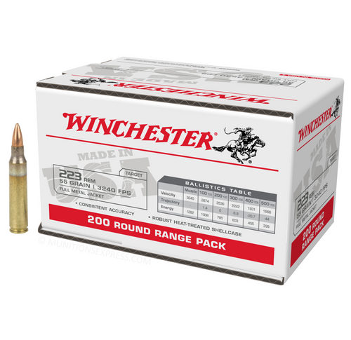 Brand: Winchester Ammo | MPN: W223200 | Use: Target | Caliber: .223 Remington | Grain: 55 | Bullet: Full Metal Jacket | MUNITIONS EXPRESS Brand: Winchester Ammo | MPN: W223200 | Use: Target | Caliber: .223 Remington | Grain: 55 | Bullet: Full Metal Jacket | MUNITIONS EXPRESS