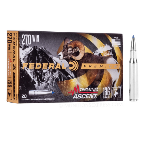 Brand: Federal Premium Ammo | MPN: P270TA1 | Use: Hunting (Deer, Hogs) | Caliber: .270 Winchester | Grain: 136 | Bullet: Bonded Polymer Tip | MUNITIONS EXPRESS