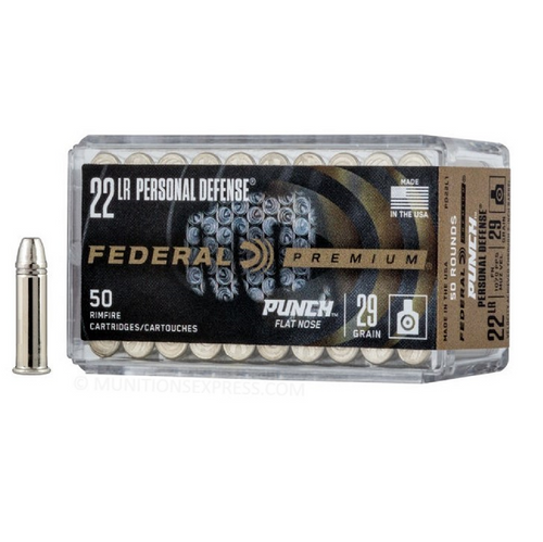 Federal Premium Personal Defense PUNCH .22 Long Rifle (.22 LR) 29gr Nickel-Plated Lead Flat Nose 50/Box