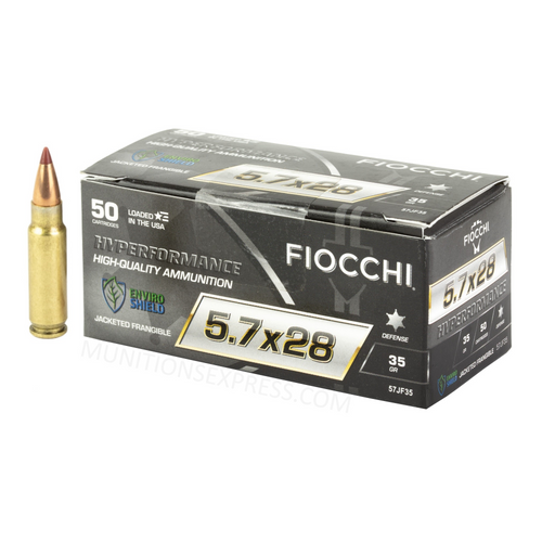 Brand: Fiocchi Ammo | MPN: 57JF35 | Use: Defense | Caliber: 5.7x28mm | Grain: 35 | Bullet: Jacketed Frangible Polymer Tipped Hollow Point | MUNITIONS EXPRESS
