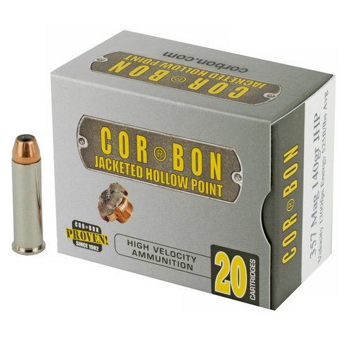 Brand: CORBON Ammo | MPN: 357140 | Use: Defense | Caliber: .357 Magnum | Grain: 140 | Bullet: Jacketed Hollow Point | MUNITIONS EXPRESS