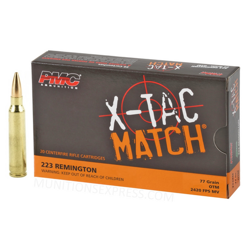 Brand: PMC Ammo | MPN: 223XM | Use: Competition, Target | Caliber: .223 Remington | Grain: 77 | Bullet: Jacketed Hollow Point | MUNITIONS EXPRESS
