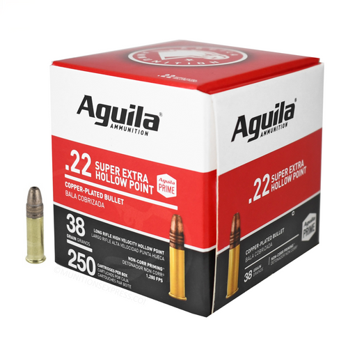 Aguila VALUE PACK Super Extra High-Velocity .22 Long Rifle (.22 LR) 38gr Copper-Plated Hollow Point 250/Box Aguila VALUE PACK Super Extra High-Velocity .22 Long Rifle (.22 LR) 38gr Copper-Plated Hollow Point 250/Box