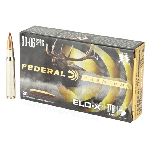 Brand: Federal Premium Ammo | MPN: P3006ELDX1 | Use: Hunting (Elk, Black Bear) | Caliber: .30-06 Springfield | Grain: 178 | Bullet: Polymer Tip | MUNITIONS EXPRESS Brand: Federal Premium Ammo | MPN: P3006ELDX1 | Use: Hunting (Elk, Black Bear) | Caliber: .30-06 Springfield | Grain: 178 | Bullet: Polymer Tip | MUNITIONS EXPRESS