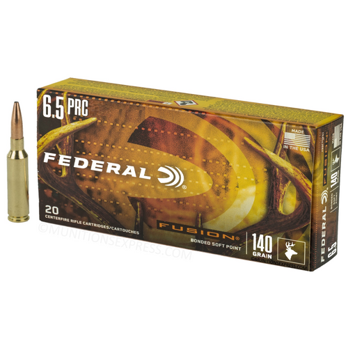 Brand: Federal Ammo | MPN: F65PRCFS1 | Use: Hunting (Deer, Hogs) | Caliber: 6.5mm PRC | Grain: 140 | Bullet: Bonded Soft Point | MUNITIONS EXPRESS