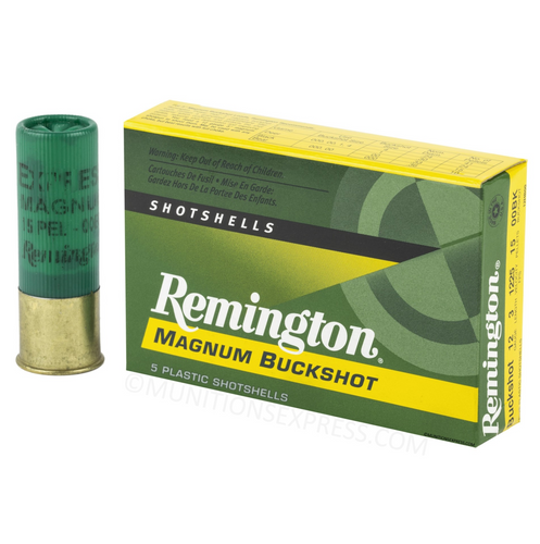 Brand: Remington Ammo | MPN: 20636 | Use: Hunting | Gauge: 12 | Shell Length: 3” | Pellet Size: #00 Buckshot | Pellets: 15 | MUNITIONS EXPRESS Brand: Remington Ammo | MPN: 20636 | Use: Hunting | Gauge: 12 | Shell Length: 3” | Pellet Size: #00 Buckshot | Pellets: 15 | MUNITIONS EXPRESS