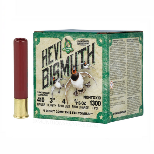 Brand: HEVI-Shot Ammo | MPN: HS19004 | Use: Hunting (Waterfowl) | Gauge: .410 Bore | Length: 3” | Shot Size: #4 | Shot Weight: 9/16 oz | MUNITIONS EXPRESS Brand: HEVI-Shot Ammo | MPN: HS19004 | Use: Hunting (Waterfowl) | Gauge: .410 Bore | Length: 3” | Shot Size: #4 | Shot Weight: 9/16 oz | MUNITIONS EXPRESS