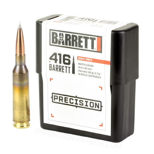 Brand: Barrett Ammo | MPN: 41633 | Use: Competition, Target | Caliber: .416 Barrett | Grain: 500 | Bullet: Aluminum Tip | MUNITIONS EXPRESS Brand: Barrett Ammo | MPN: 41633 | Use: Competition, Target | Caliber: .416 Barrett | Grain: 500 | Bullet: Aluminum Tip | MUNITIONS EXPRESS