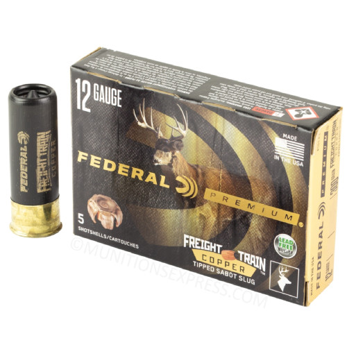 Brand: Federal Ammo | MPN:P152 FT | Use: Hunting (Deer, Bear) | Gauge: 12 | Shell Length: 2-3/4” | Slug Type: Copper Sabot | Slug Weight: 300gr | MUNITIONS EXPRESS