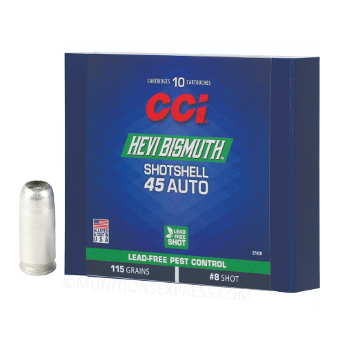 Brand: CCI Ammo | MPN: 3745B | Use: Nuisance Control | Caliber: .45 ACP / .45 AUTO | Grain: 115 | Bullet: Shotshell | MUNITIONS EXPRESS Brand: CCI Ammo | MPN: 3745B | Use: Nuisance Control | Caliber: .45 ACP / .45 AUTO | Grain: 115 | Bullet: Shotshell | MUNITIONS EXPRESS