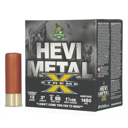 Brand: HEVI-Shot Ammo | MPN: HS38188 | Use: Hunting (Waterfowl) | Gauge: 12 | Length: 3” | Shot Size: #BB / #2 | Shot Weight: 1-1/4 oz | MUNITIONS EXPRESS