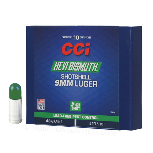 Brand: CCI Ammo | MPN: 3790B | Use: Nuisance Control | Caliber: 9mm Luger | Grain: 43 | Bullet: Shotshell | MUNITIONS EXPRESS Brand: CCI Ammo | MPN: 3790B | Use: Nuisance Control | Caliber: 9mm Luger | Grain: 43 | Bullet: Shotshell | MUNITIONS EXPRESS